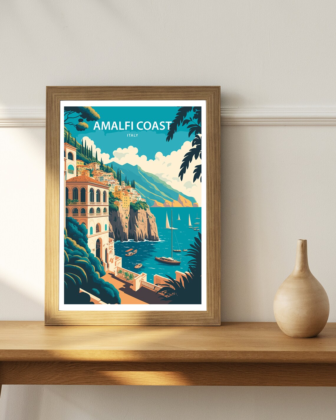 Amalfi Coast Italy Cliffside Village Sailboat Harbor Travel Poster - Image 2