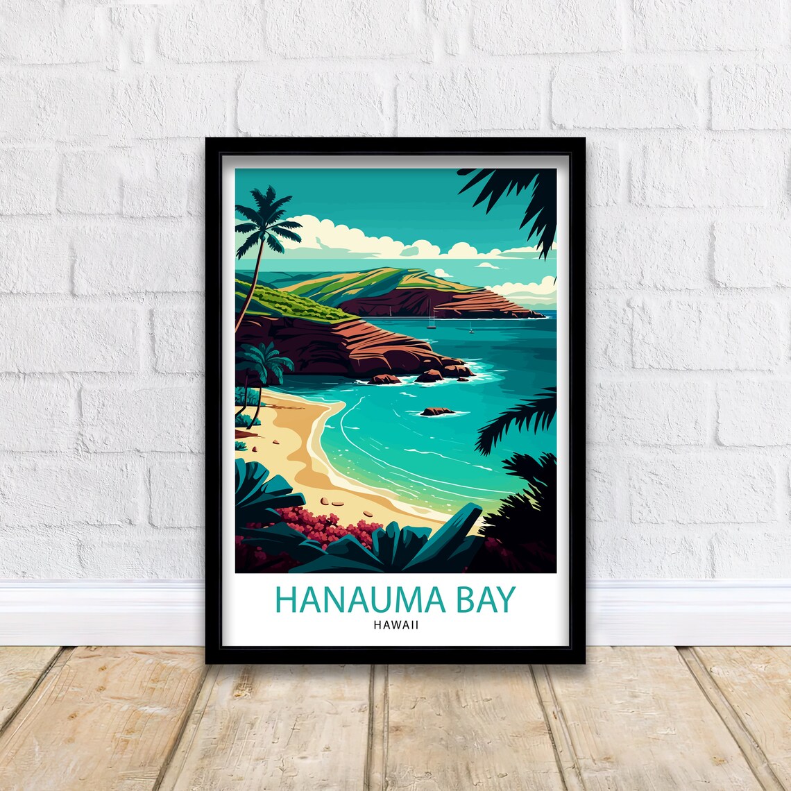 Hanauma Bay Hawaii Tropical Beach Palms Travel Illustration Poster - Image 2