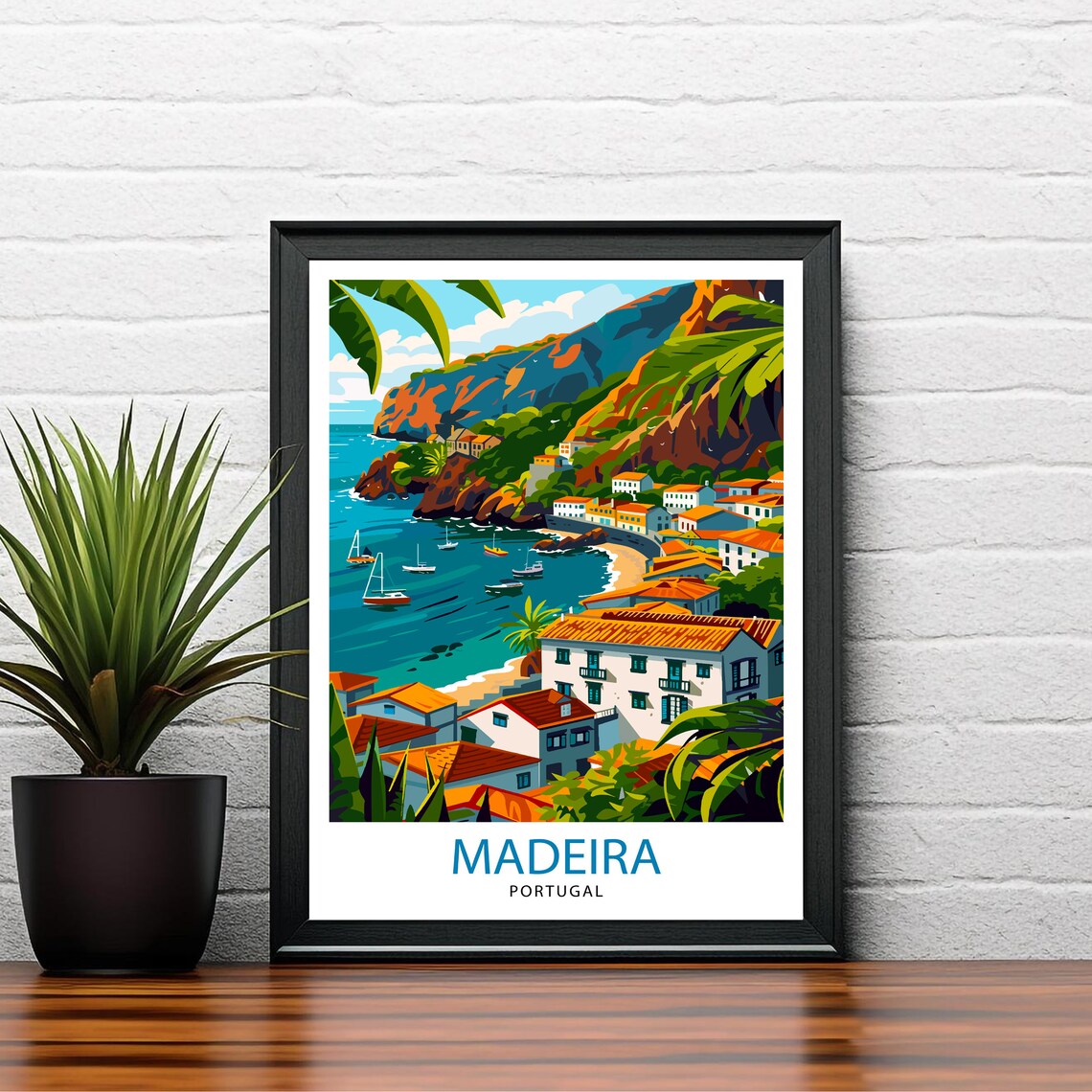 Madeira Portugal Coastal Cliff Village Sailboats Travel Poster - Image 2