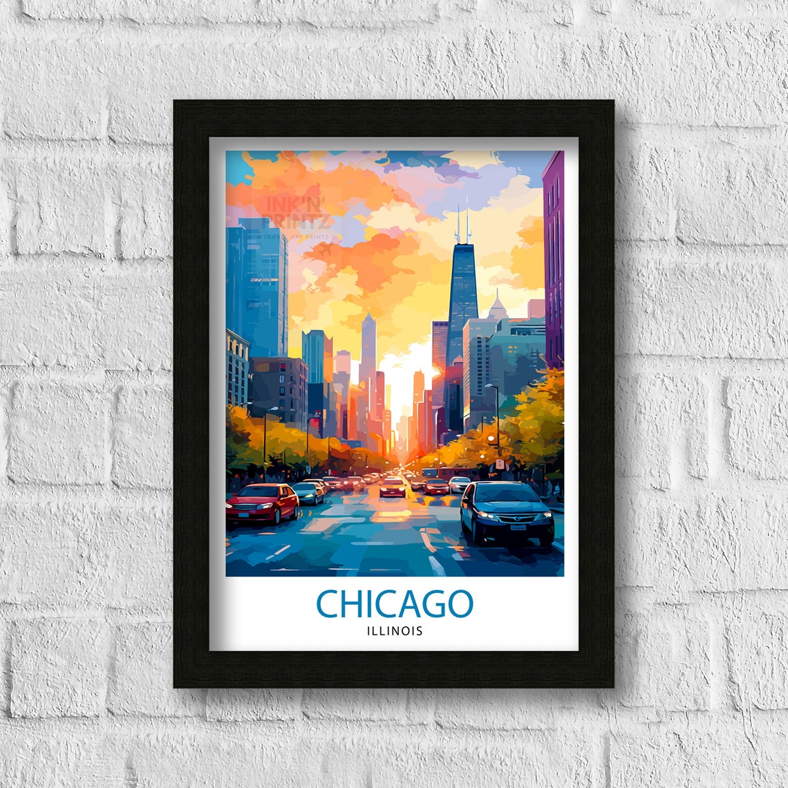 Chicago Illinois Sunset Downtown Skyline City Street Art Poster - Image 3