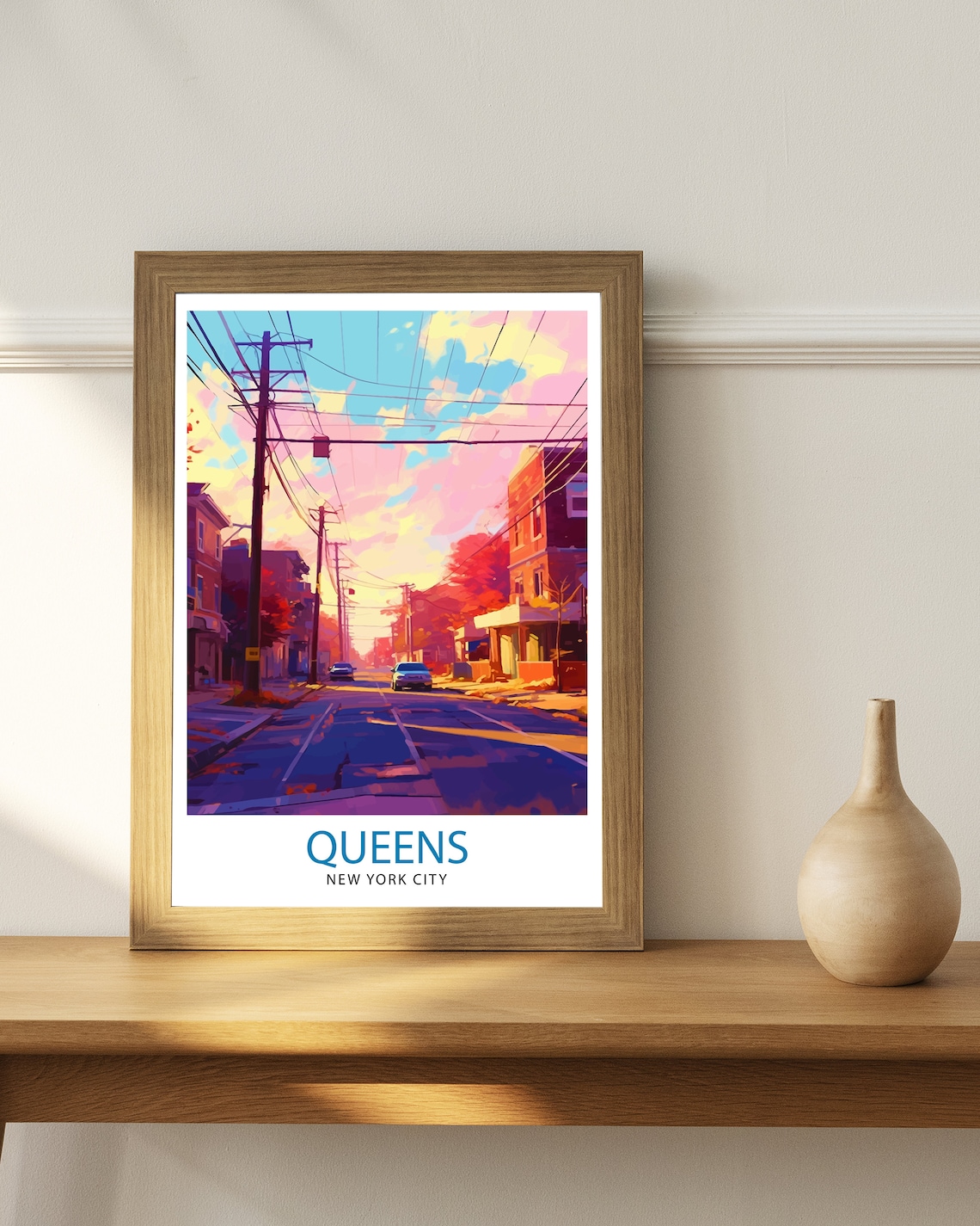 Queens New York City Sunset Street Neon Power Lines Travel Poster - Image 2