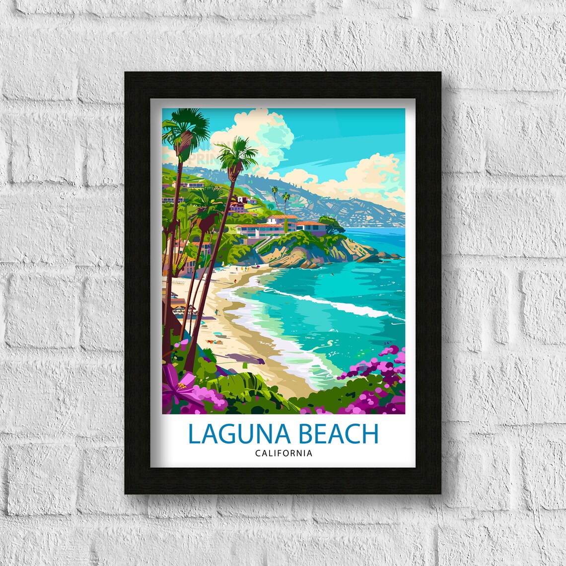 Laguna Beach California Palm Trees Ocean Surf Scene Travel Poster - Image 3