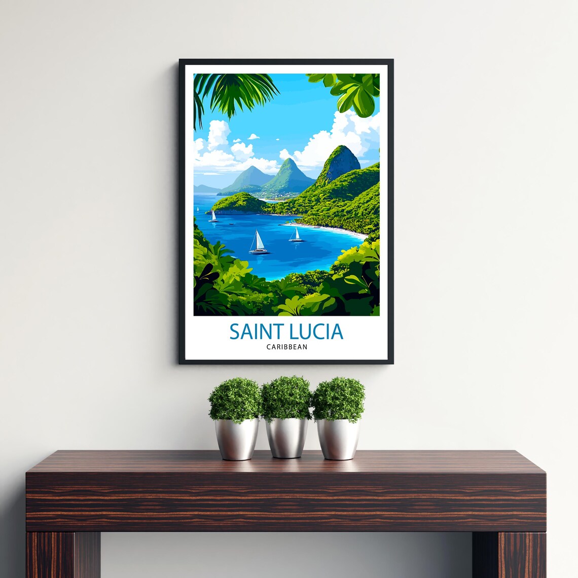 Saint Lucia Caribbean Piton Peaks Sailboat Bay Island Travel Poster - Image 3