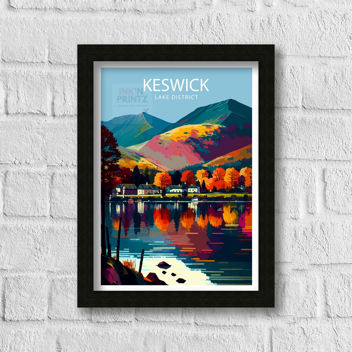 Keswick Lake District Autumn Mountain Lake Reflection Travel Poster - Image 3