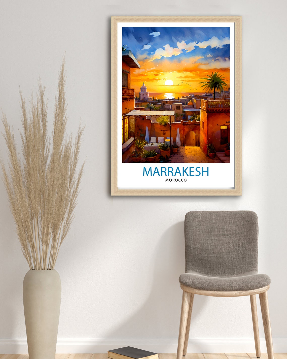 Marrakesh Morocco Rooftop Terrace Sunset Watercolor Travel Poster - Image 3