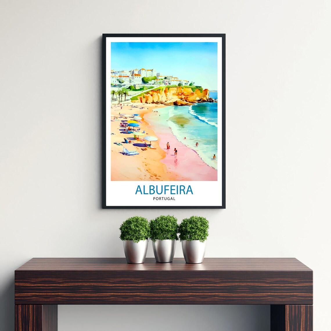 Albufeira Portugal Beach Umbrellas Cliff Town Watercolor Poster - Image 2