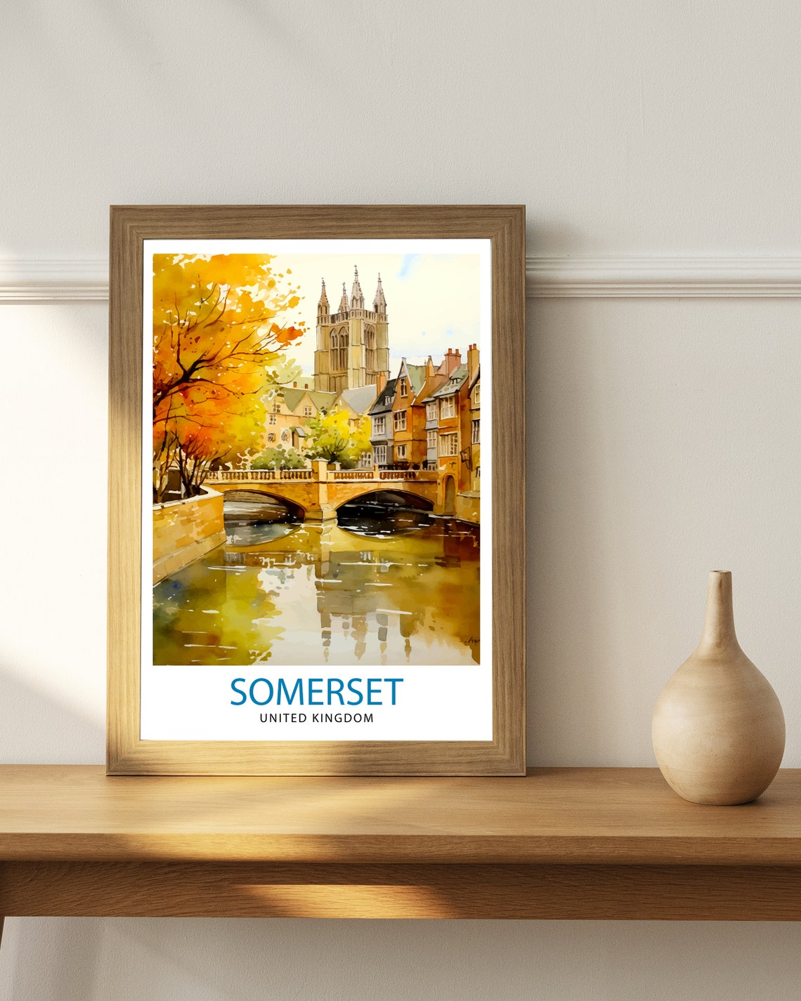 Somerset United Kingdom Autumn River Bridge Watercolor Poster - Image 2