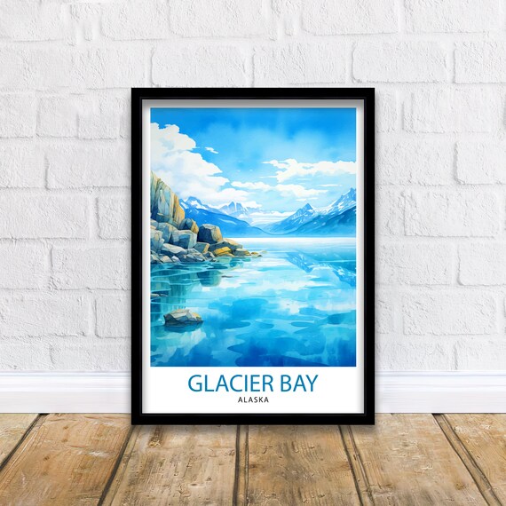 Glacier Bay Alaska Fjord Watercolor Snowy Peaks Mirror Lake Wall Art