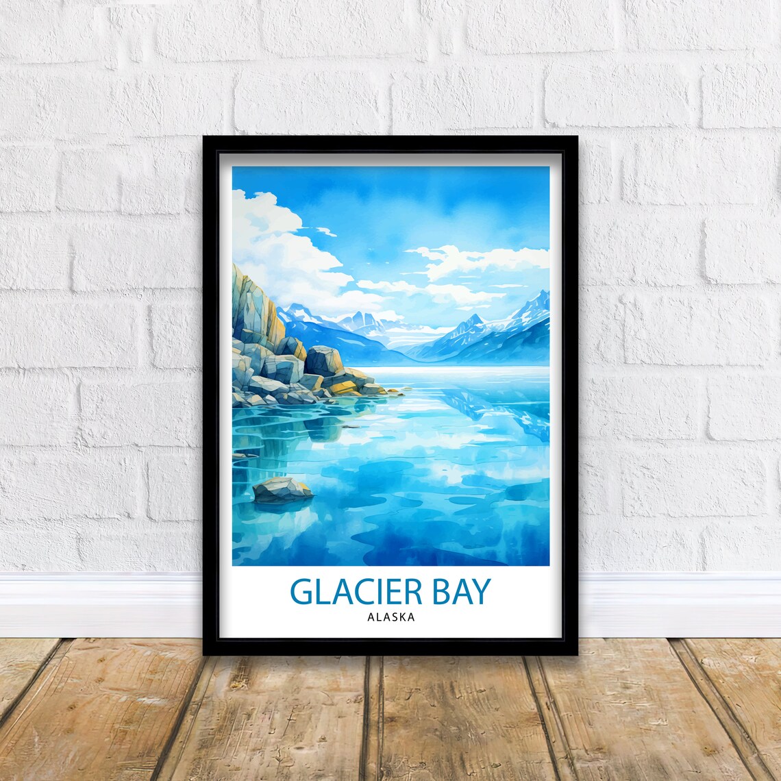 Glacier Bay Alaska Fjord Watercolor Snowy Peaks Mirror Lake Wall Art