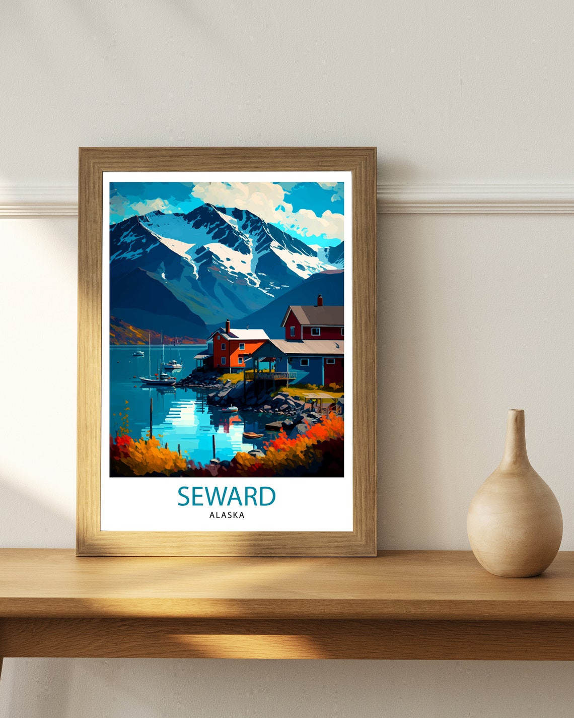 Seward Alaska Harbor Snowy Mountains Cabin Coastal Travel Poster - Image 2