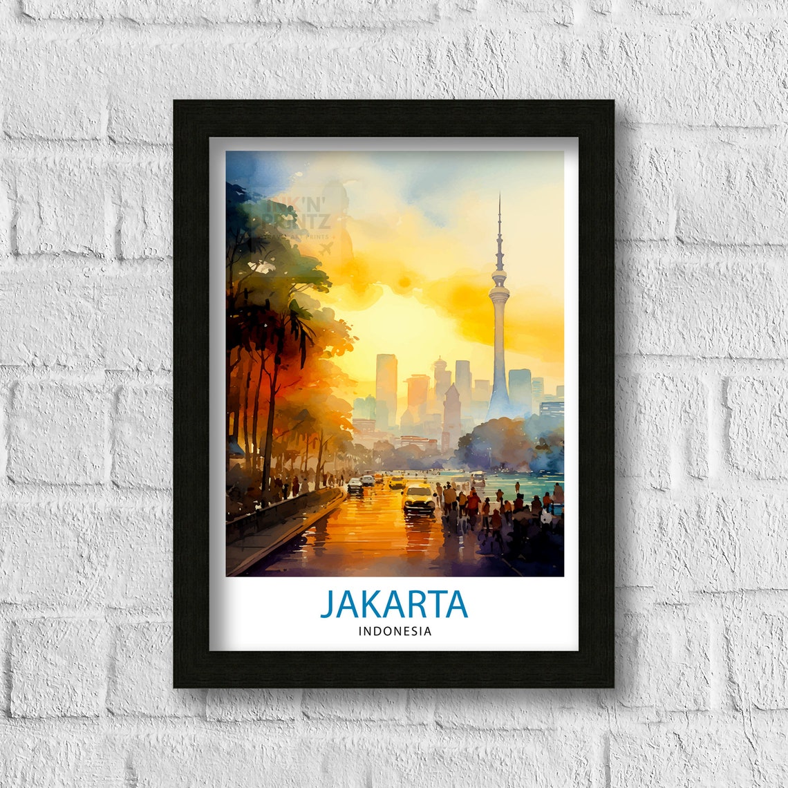 Jakarta Indonesia Skyline Watercolor Cityscape Sunset Poster - Image 3