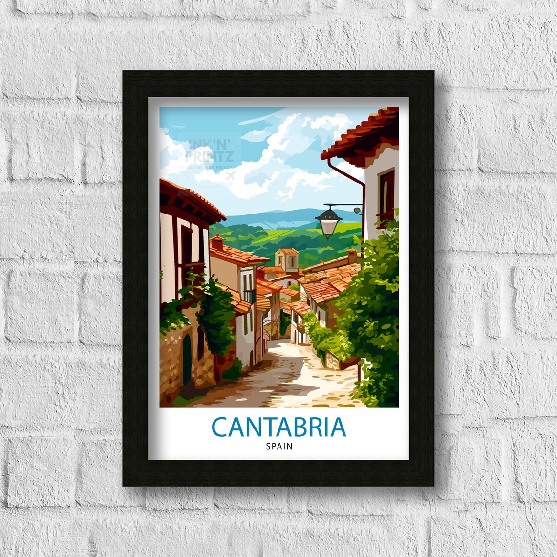 Cantabria Spain Village Lane Terracotta Hills View Travel Poster - Image 3