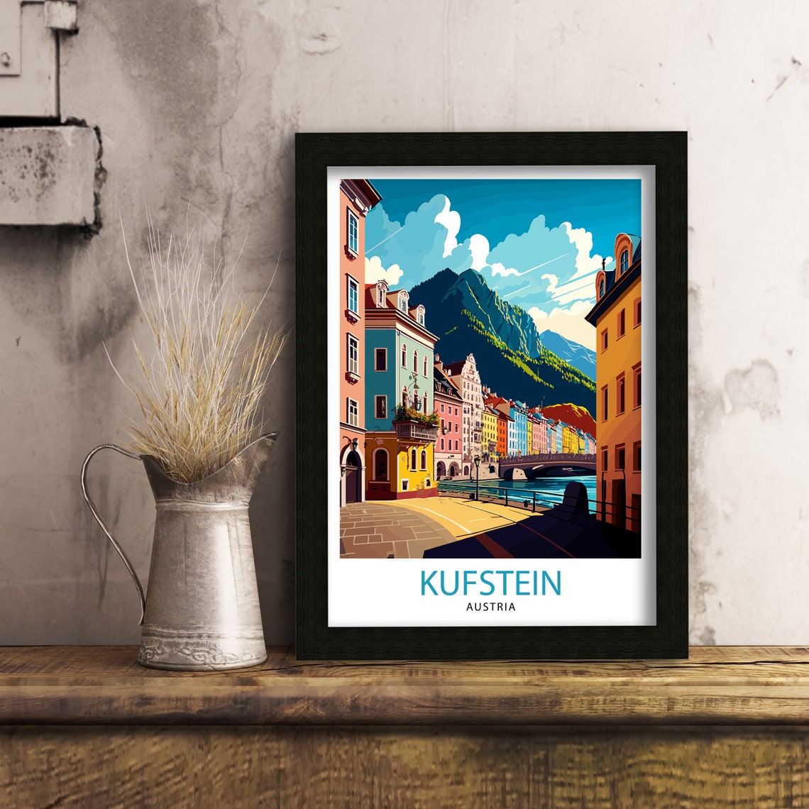Kufstein Austria Colorful Riverside Old Town Mountain View Poster - Image 3