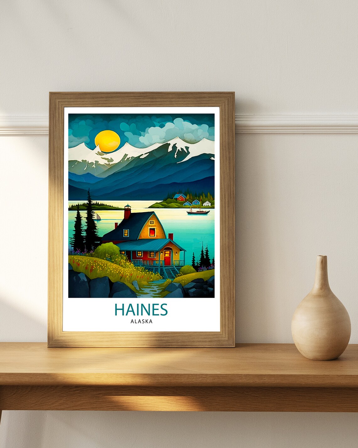 Haines Alaska Lakeside Cabin Mountain Midnight Sun Travel Poster - Image 2