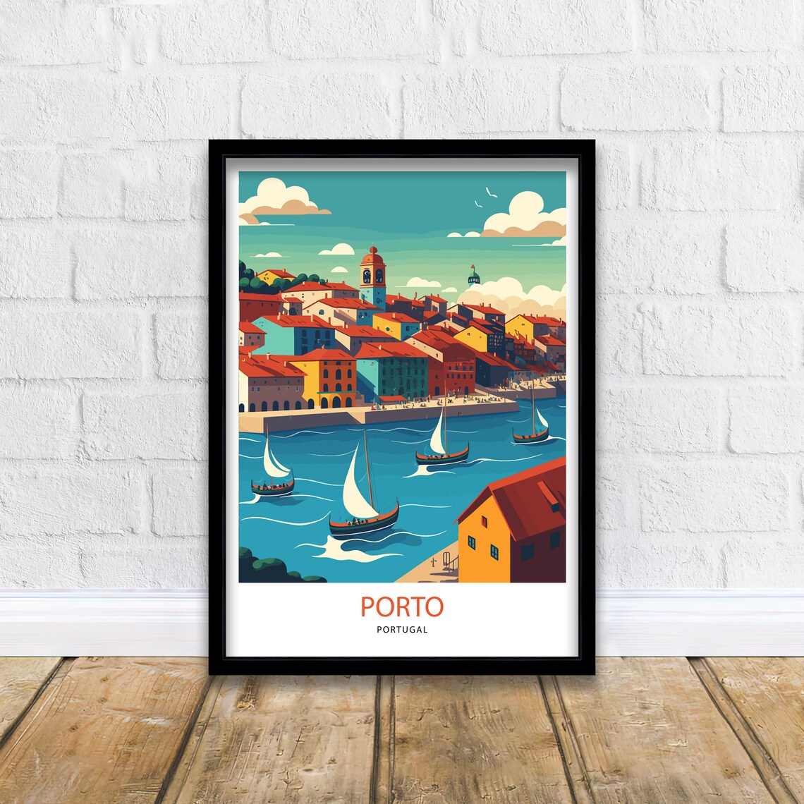 Porto Portugal Riverside Rabelo Boats Cityscape Travel Poster