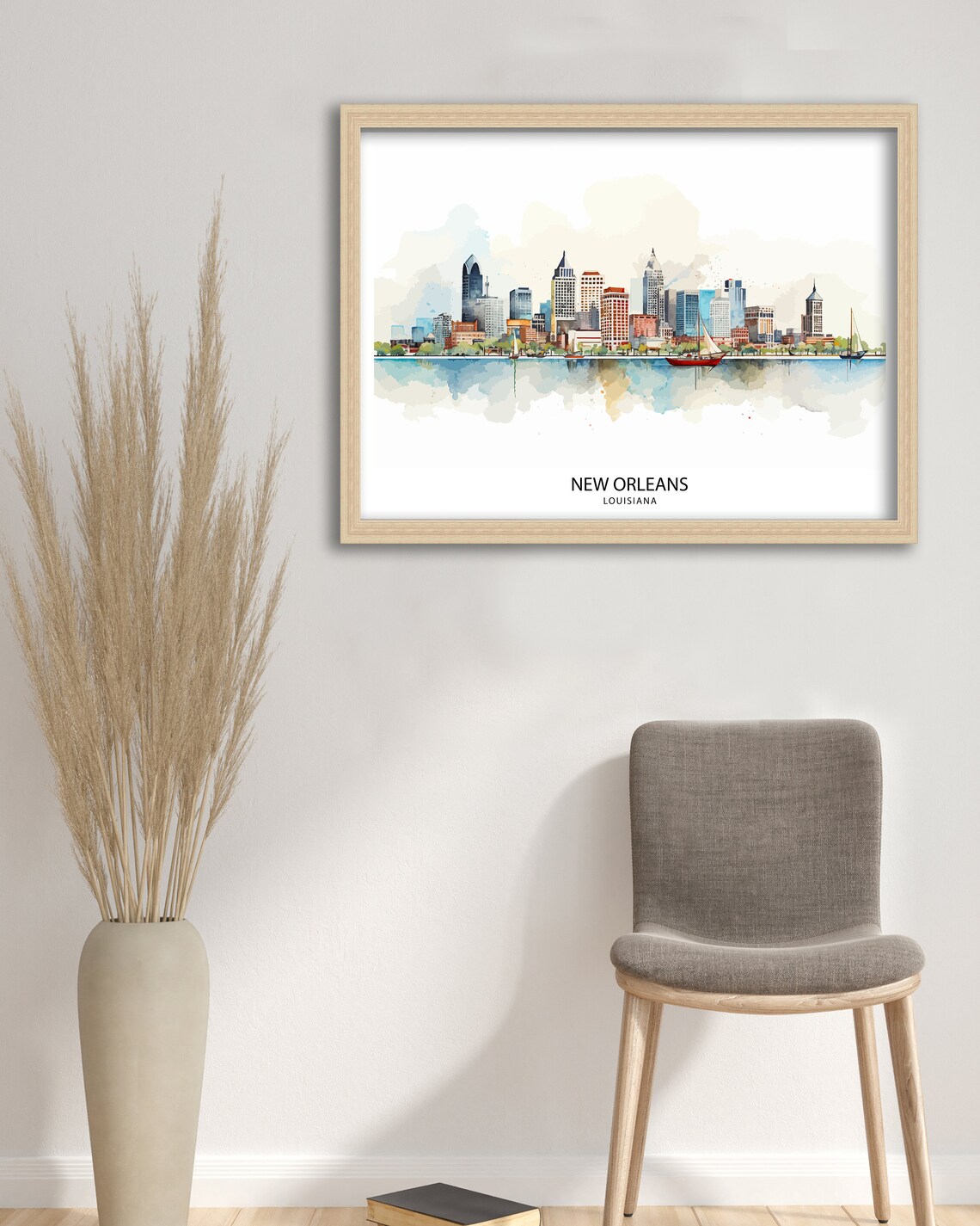 New Orleans Louisiana Watercolor Skyline River Sailboats Wide Poster - Image 2