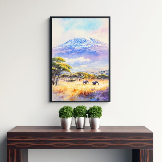 Mount Kilimanjaro Watercolor Painting African Landscape Art Print Scenic Mountain Nature Decor
