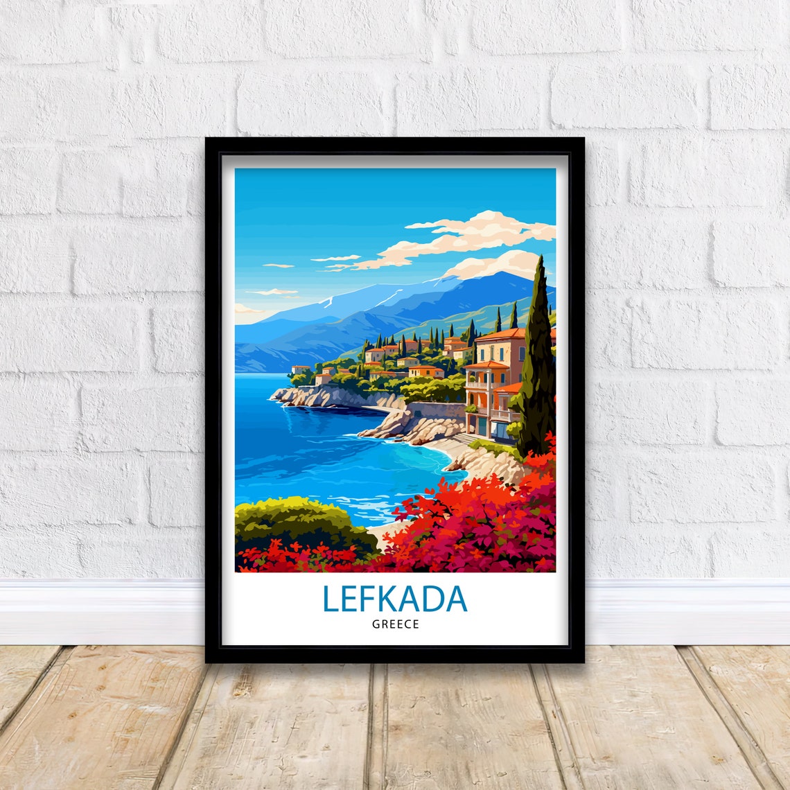Lefkada Greece Coastal Town Cypress Bougainvillea Cove Poster - Image 2
