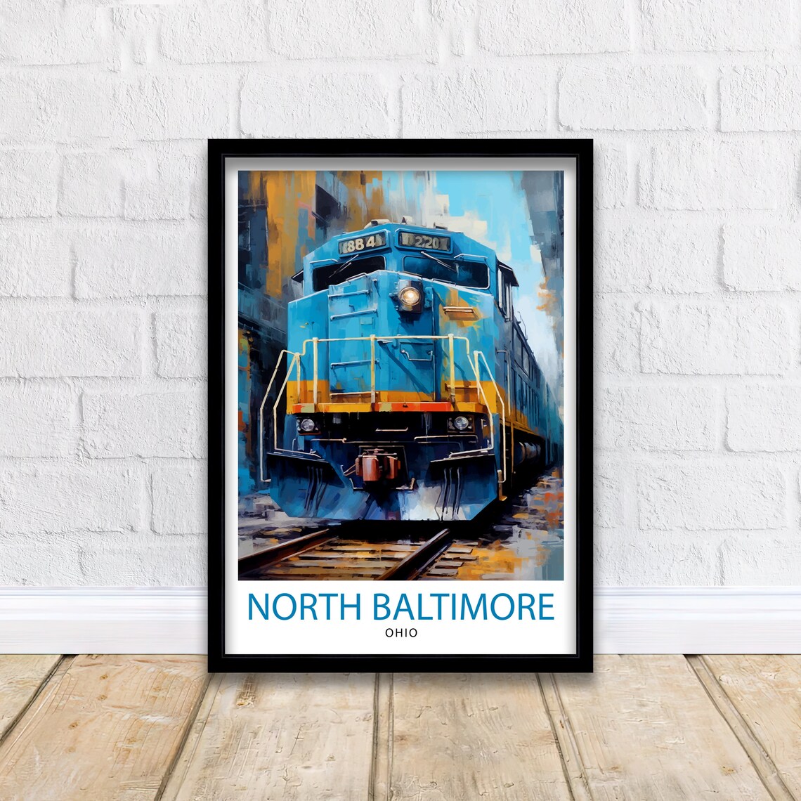 North Baltimore Ohio Blue Locomotive Train Railroad Art Poster - Image 2