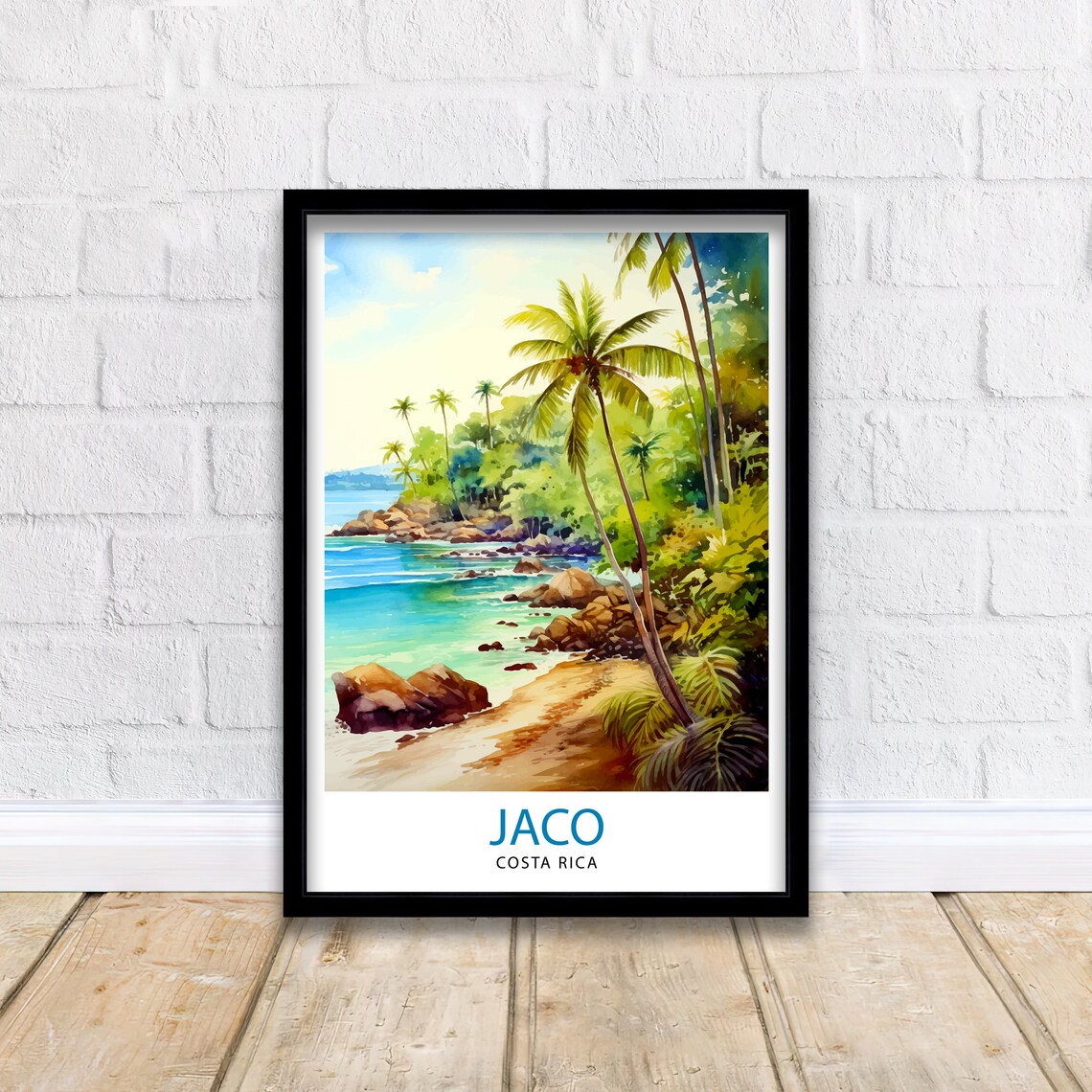 Jaco Costa Rica Palm Lined Rocky Beach Watercolor Travel Poster - Image 2