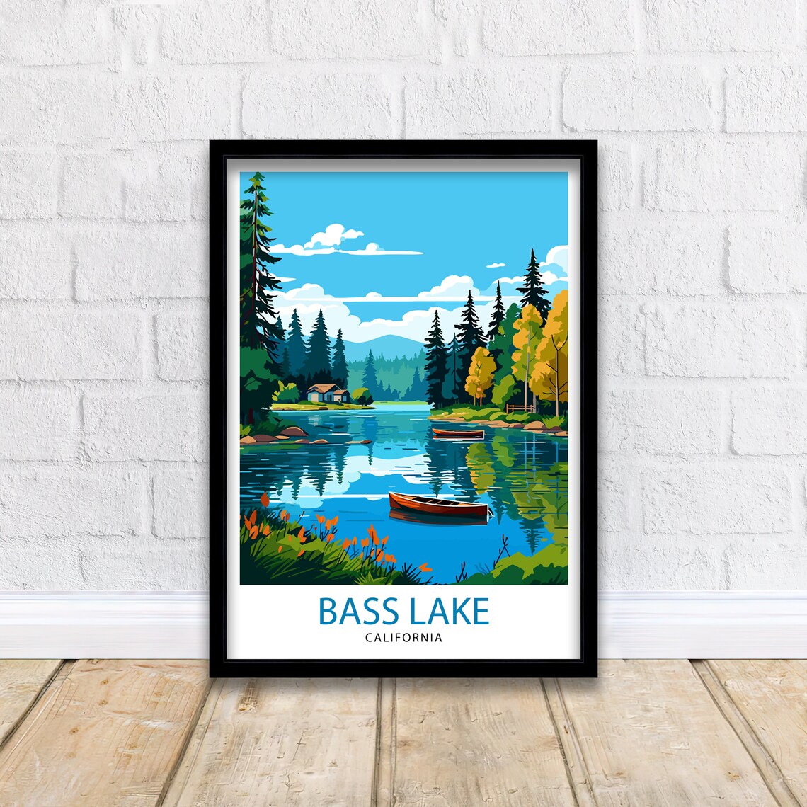 Bass Lake California Lakeside Cabin Canoes Pine Forest Poster - Image 2