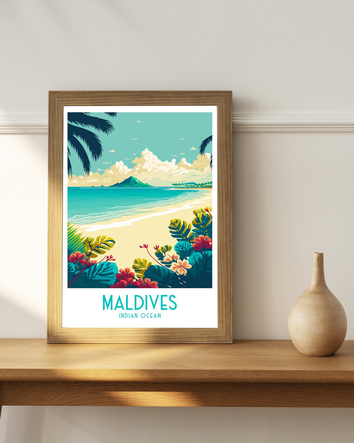 Maldives Indian Ocean Tropical Beach Floral Scene Travel Poster - Image 2