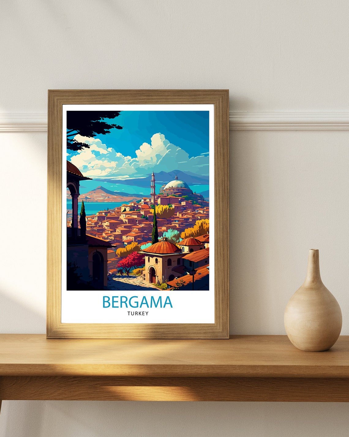 Bergama Turkey Hillside Old Town Red Roofs Vintage Travel Poster - Image 2