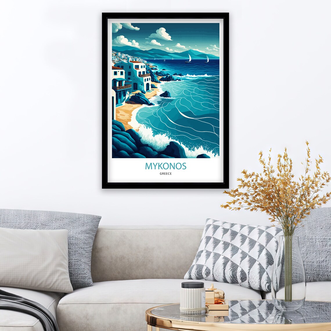 Mykonos Greece Whitewashed Coast Village Sailboats Travel Poster - Image 2
