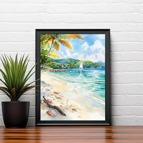 Virgin Islands Watercolor Painting Caribbean Art Print Tropical Seascape Coastal Decor
