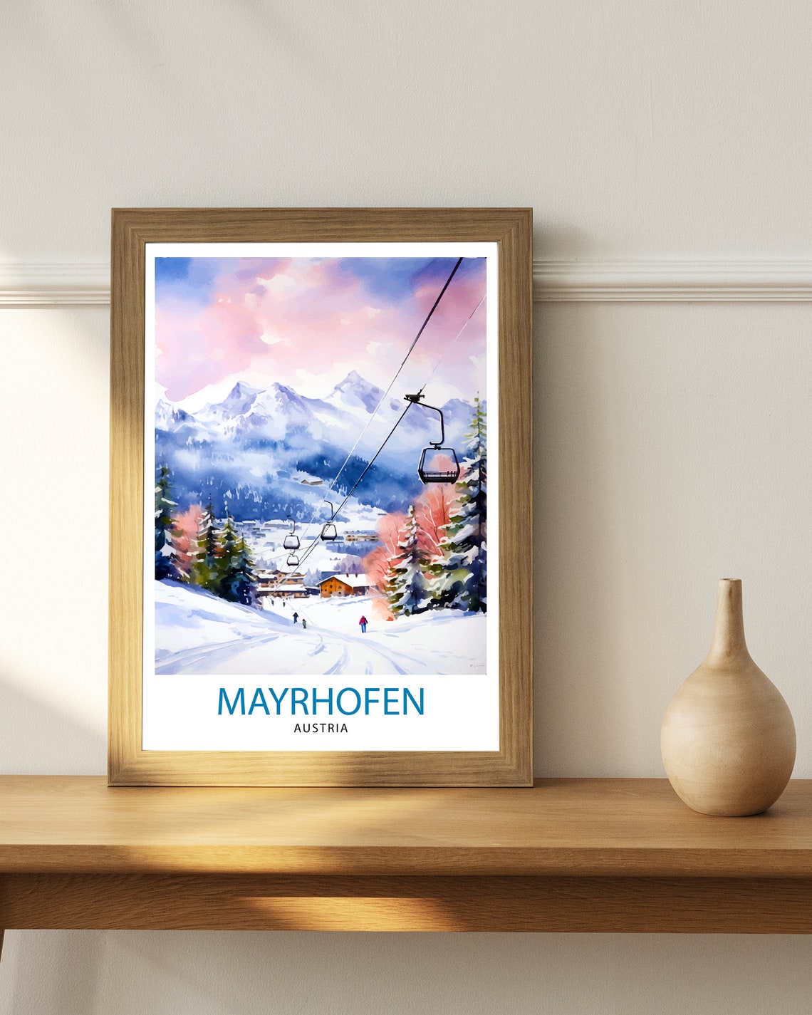 Mayrhofen Austria Ski Resort Gondola Lift Watercolor Alps Poster - Image 2