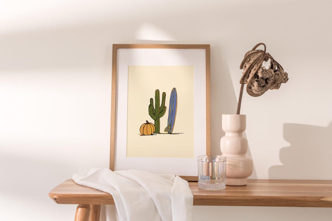 Saguaro Cactus Pumpkin Longboard Desert Cowgirl Fall Surf Art Poster - Image 2