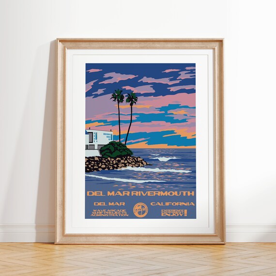 Del Mar Rivermouth Art Print Vintage National Parks Style Surf Poster Del Mar Ca Coastal Surf Decor