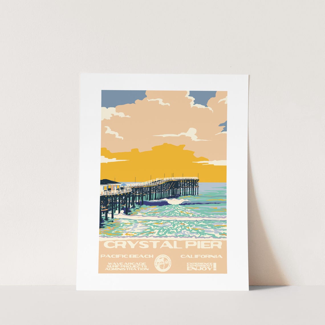 Crystal Pier Pacific Beach California Sunset Pier Surf Poster Vintage