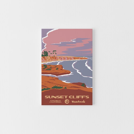 Sunset Cliffs San Diego Ca Print National Parks Vintage Style Surf Art Framedunframed Coastal Print