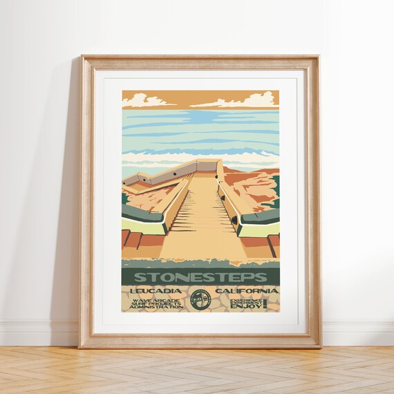Stonesteps Art Print Vintage National Parks Style Surf Poster Leucadia Ca Coastal Surf Decor