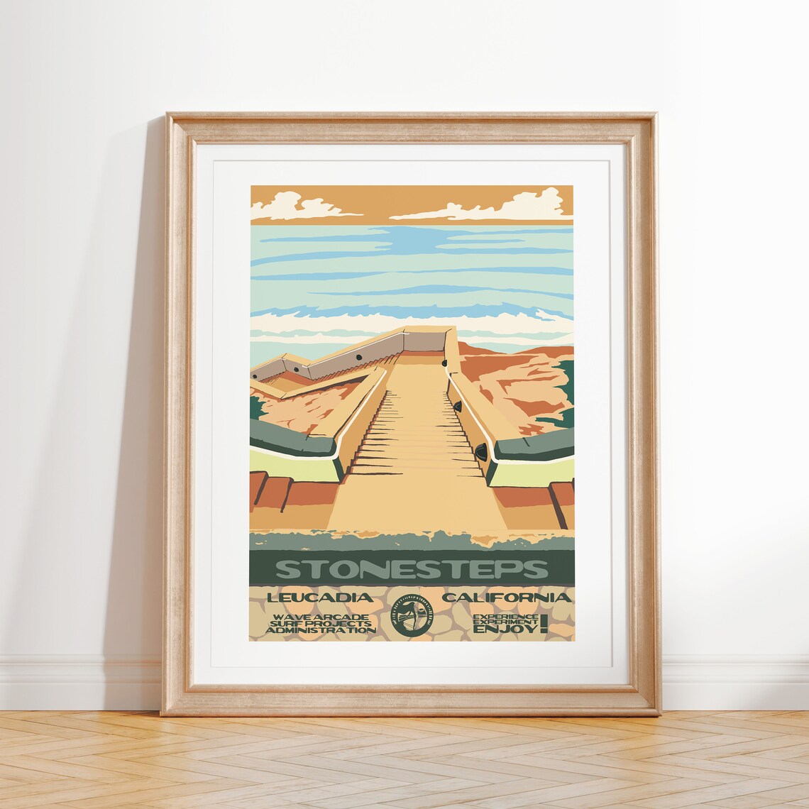Stonesteps Art Print Vintage National Parks Style Surf Poster Leucadia Ca Coastal Surf Decor