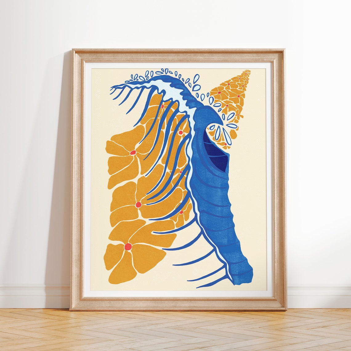 Abstract Wave Floral Art Bold Blue Orange Coastal Modern Art Poster