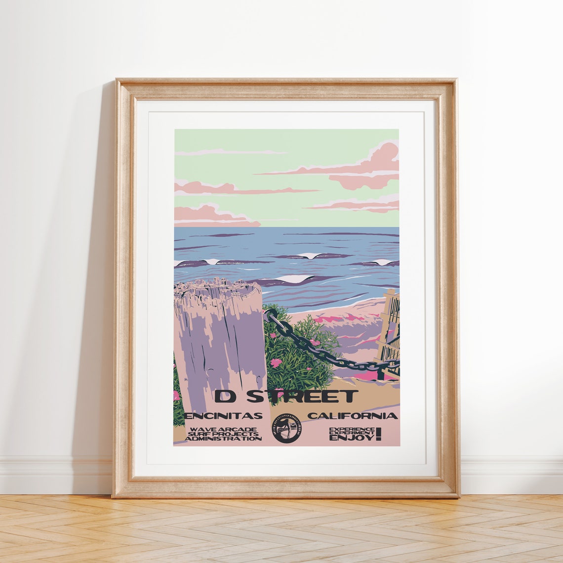 D Street Surf Spot Encinitas California Cliff Beach Vintage Poster