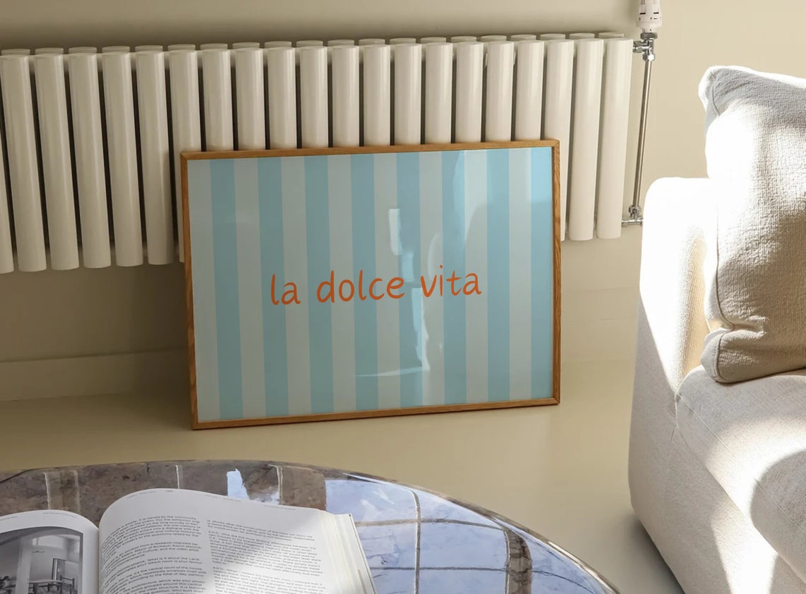 La Dolce Vita Orange Script on Blue Stripes Italian Wall Art - Image 3