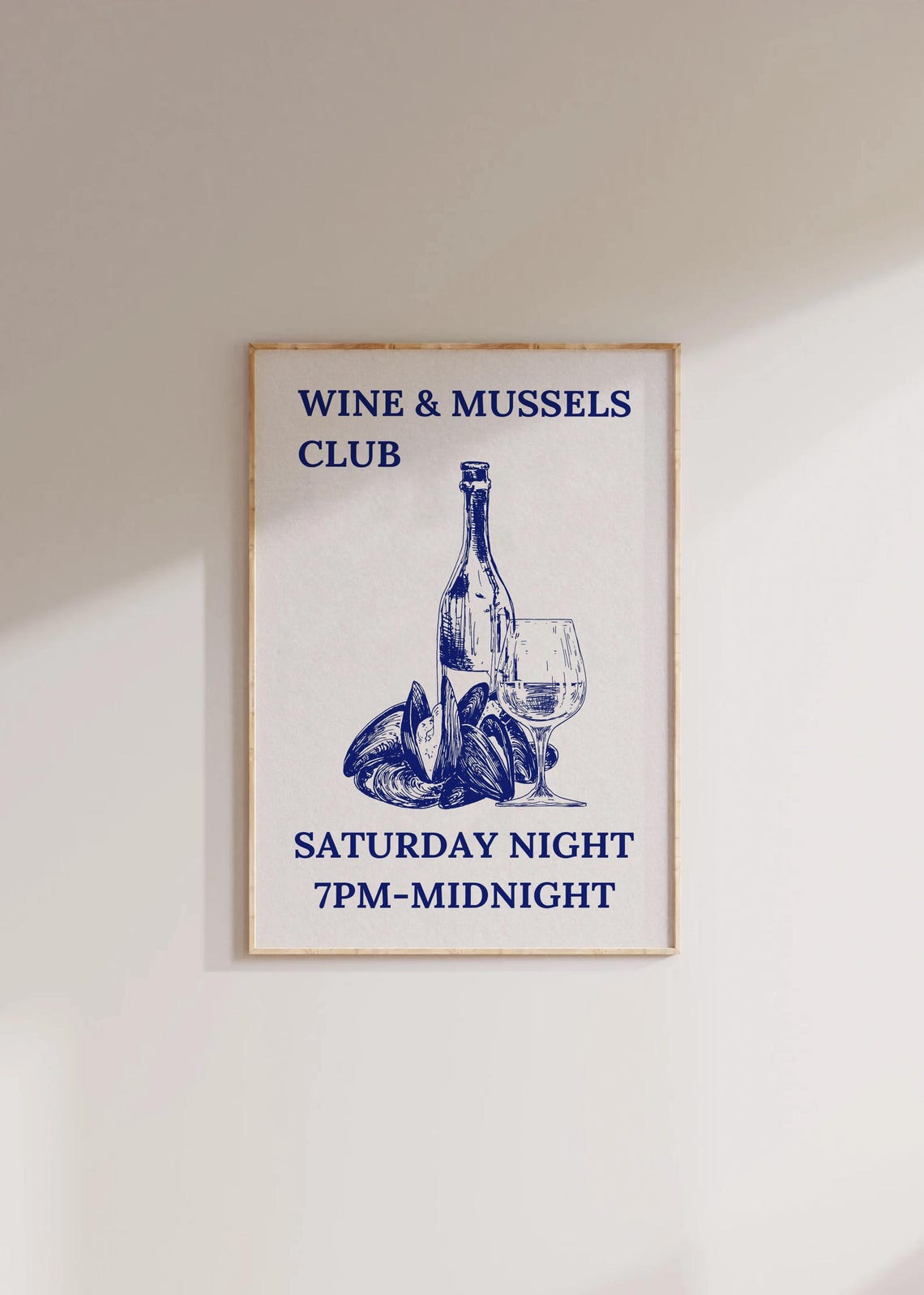 Wine and Mussels Club Saturday Night Blue Illustrated Kitchen Poster