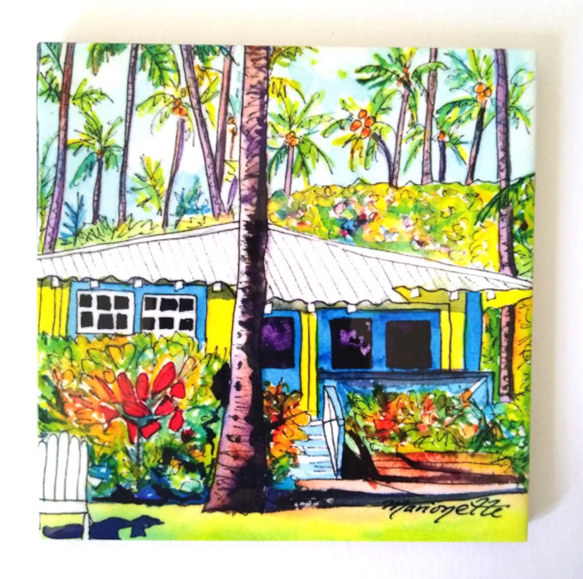 Yellow Waimea Plantation Cottage Kauai Hawaii Ceramic Tile Art By Marionette Trivet