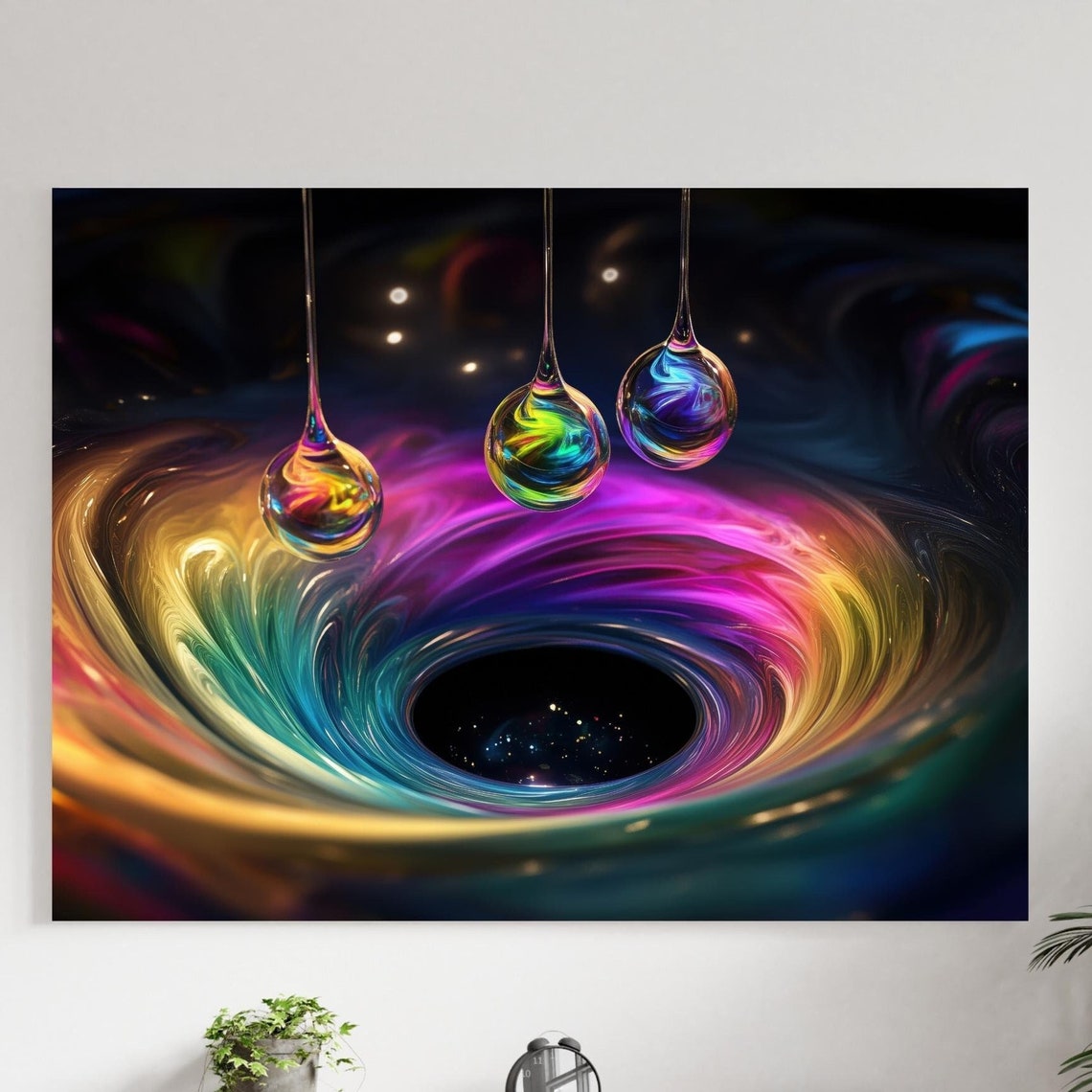 Cosmic Swirl Droplets Rainbow Iridescent Black Hole Art Poster