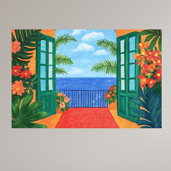 Tropical Ocean Balcony Painting Green French Doors Hibiscus View Poster