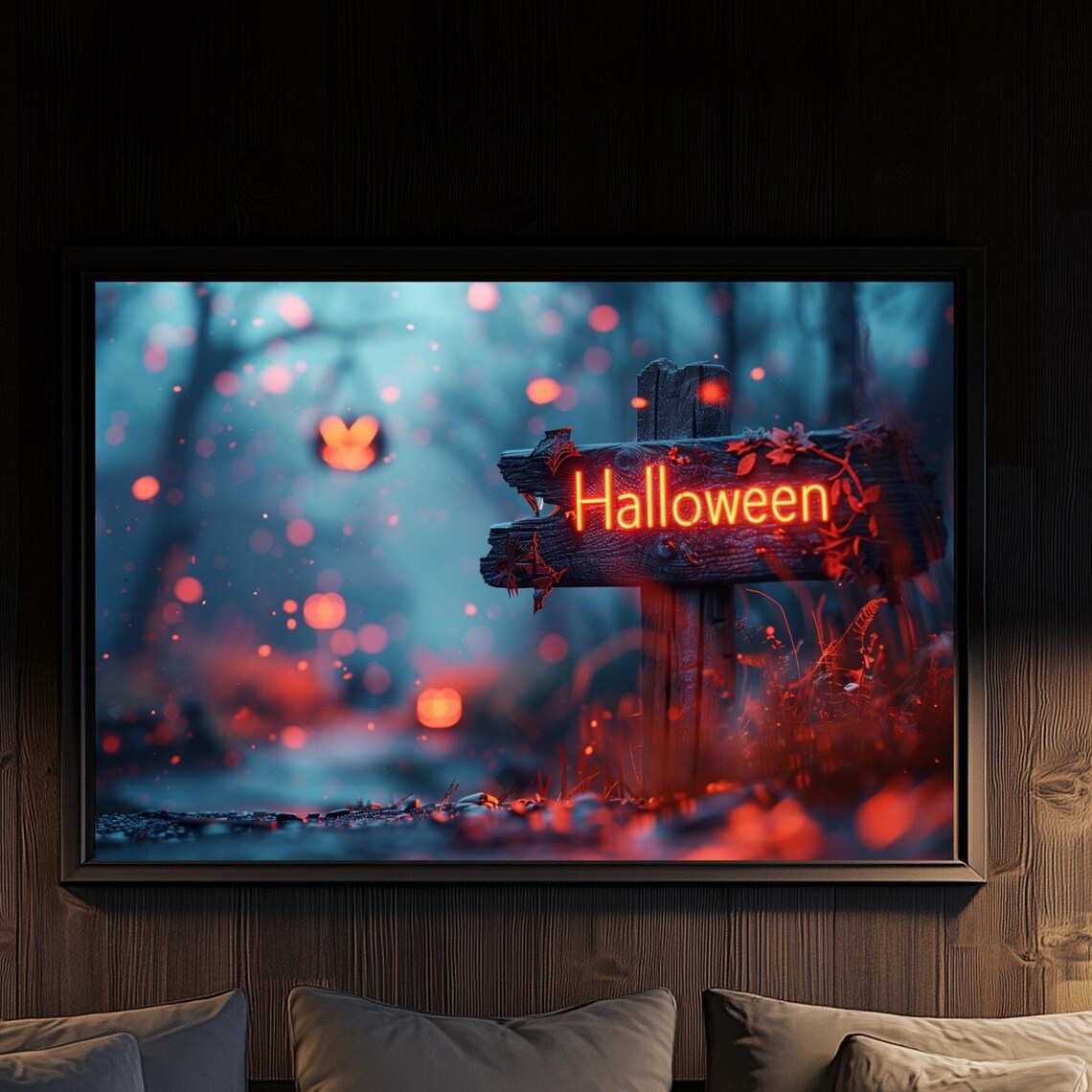 Glowing Halloween Wooden Sign With Embers In Misty Night Poster