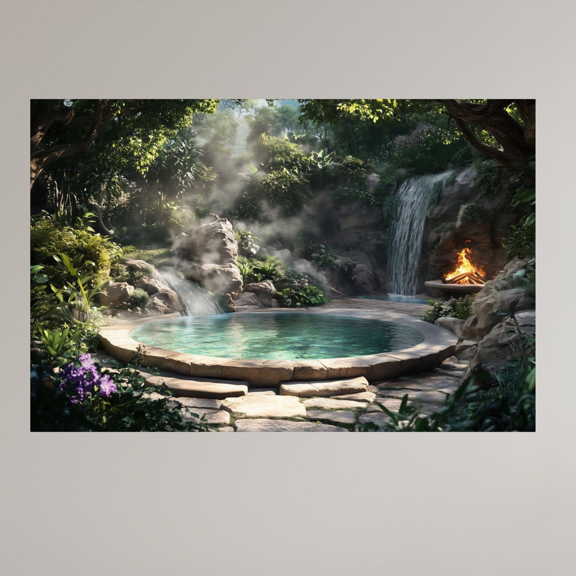 Enchanting Jungle Pool Waterfall Fire Pit Mist Steam Retreat Poster