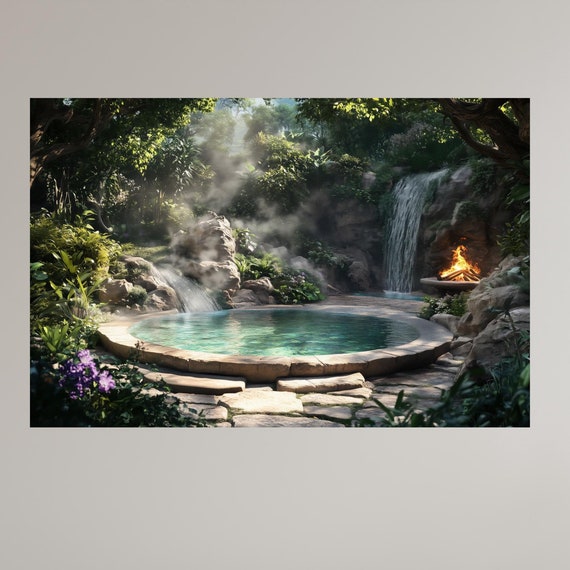 Enchanting Forest Pool With Waterfall And Fire Pit Tranquil Nature Retreat Wall Art Lush Green Garden Escape Decor