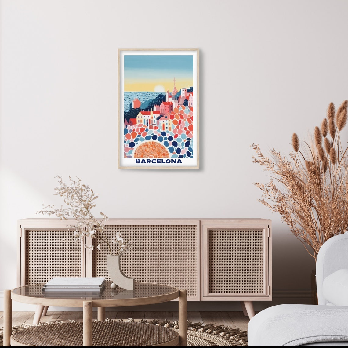 Barcelona Travel Poster Mosaic Hillside Sunset Cityscape Art - Image 4