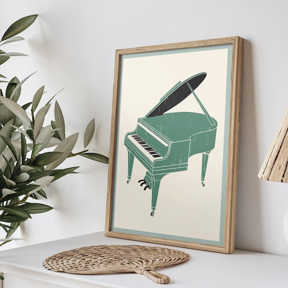 Vintage Green Grand Piano Minimalist Music Illustration Poster