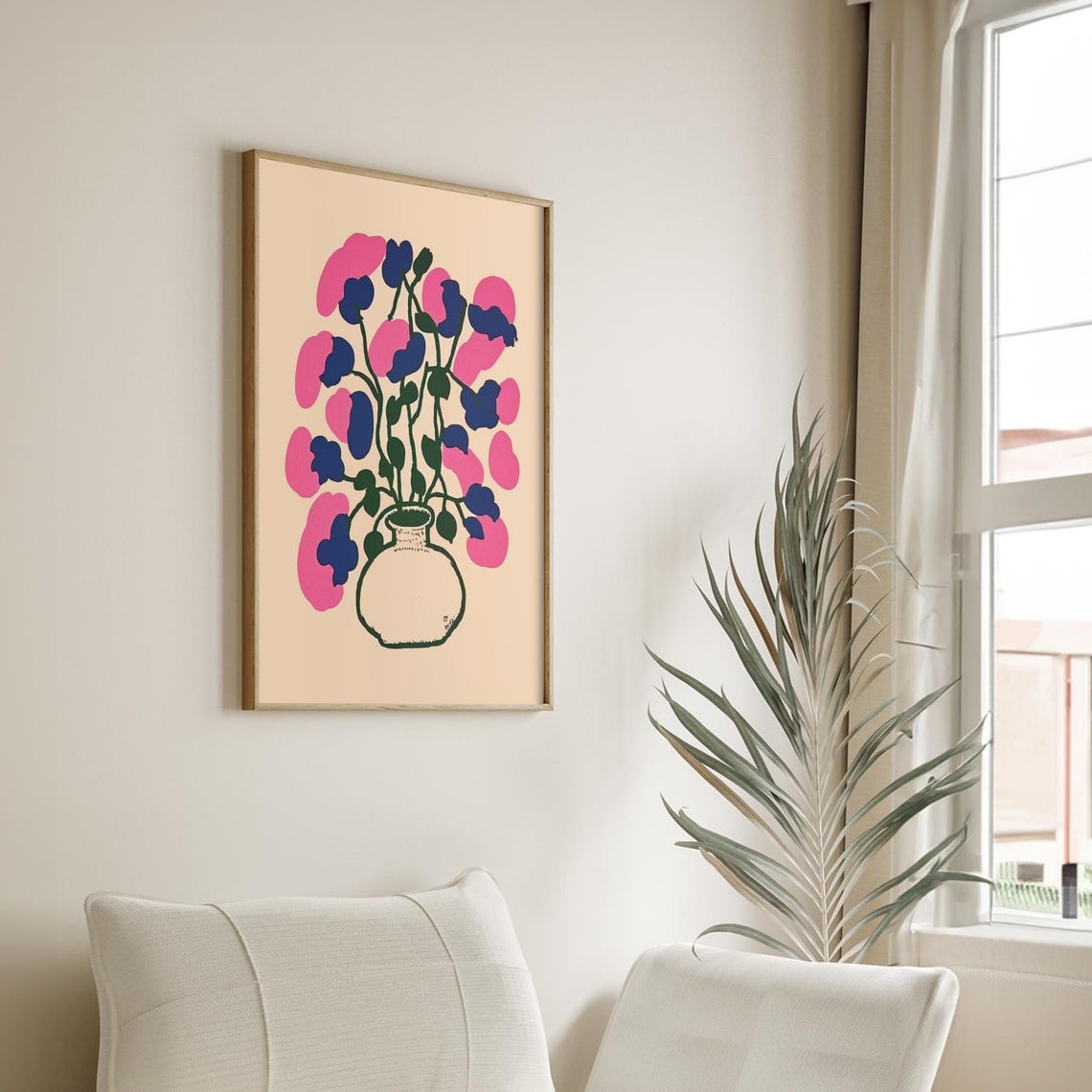 Bold Pink and Blue Wildflowers in Vase Abstract Floral Poster - Image 3