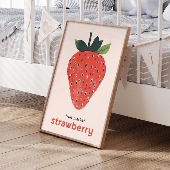 Cute Strawberry Art Fruit Poster Print Fruit Kitchen Art Food Market Print Funny Kitchen Art Colorful Wall Art